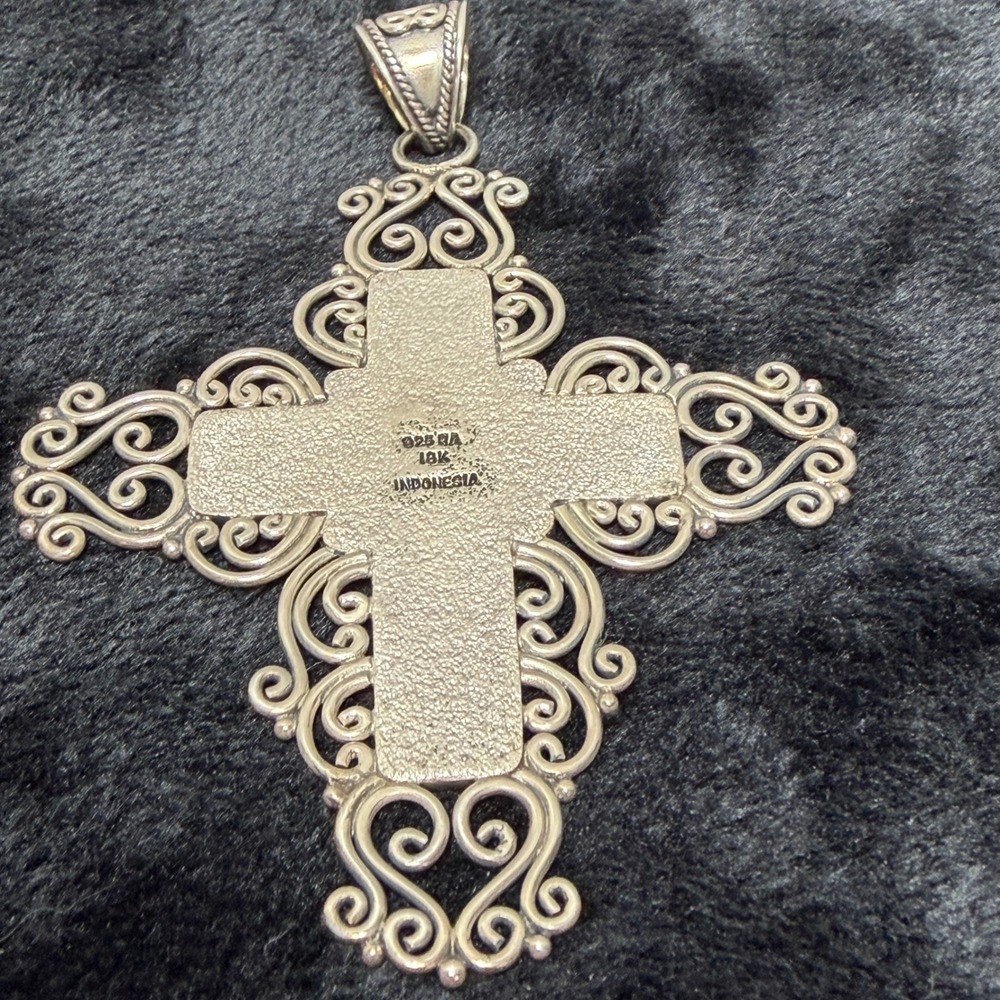 Signed BA Sterling‎ Silver 18k Gold Black Onyx Filigree Cross Pendant Wt. 22.95g - Picture 4 of 14
